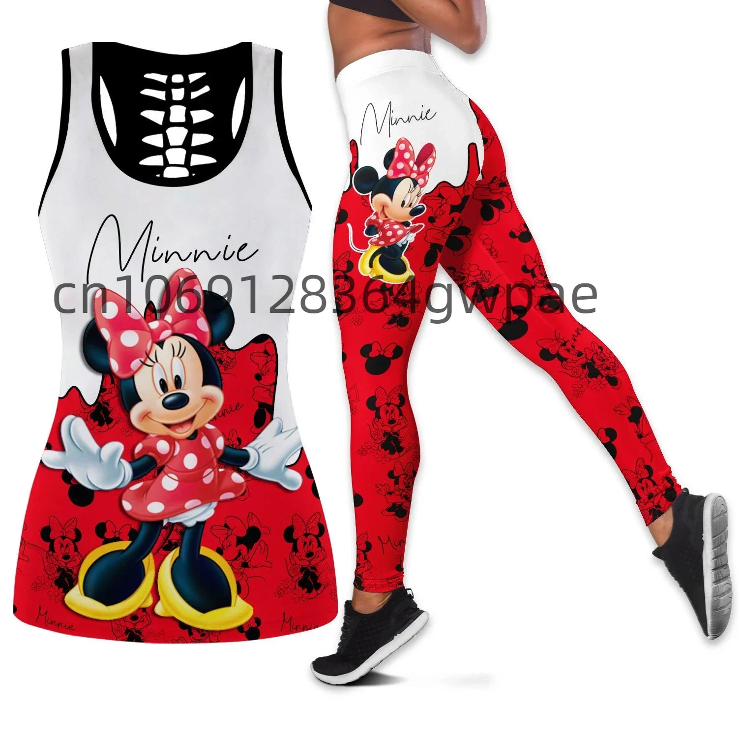 Disney Minnie Women's Cutout Tank Top Leggings Yoga Set Summer Fitness Tracksuit Hollow Tank Top Leggings Set