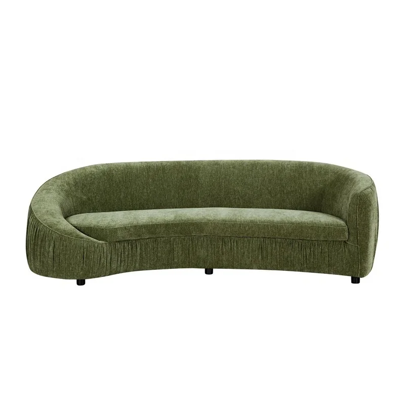 

#Modern Green Curved Sofa with Pleated Skirt Base Textured Chenille Fabric Upholstered Couch for Living Room Home Furniture