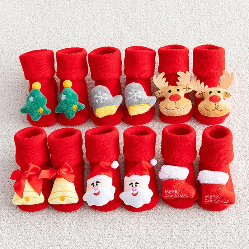 

Cartoon Baby Sock Winter Newborn Elk Tree Christmas Red Thick Warm Stocking Infant Anti-slip Floor Terry Sock Christmas Gift