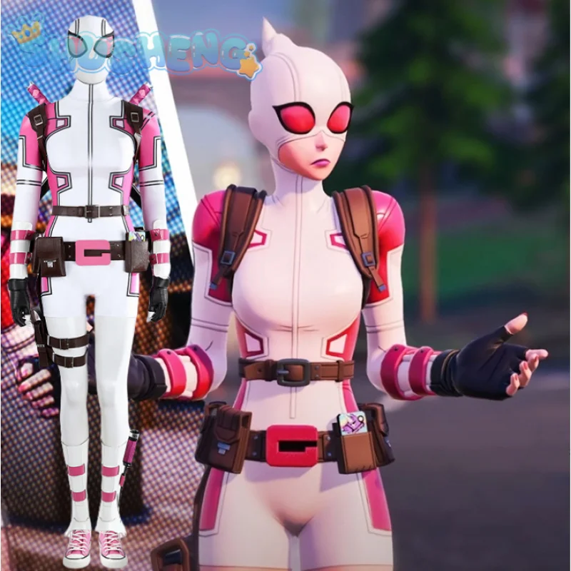 Gwenpool Gwen Poole cosplay Fortnite pink ghost costume high quality leather jumpsuit shoes props mask set Party woman full set