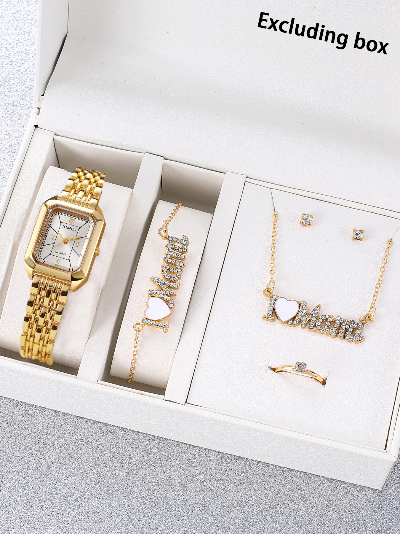 Golden rectangular steel strip quartz women's watch with diamond studded letters necklace bracelet earrings ring Mother's Day