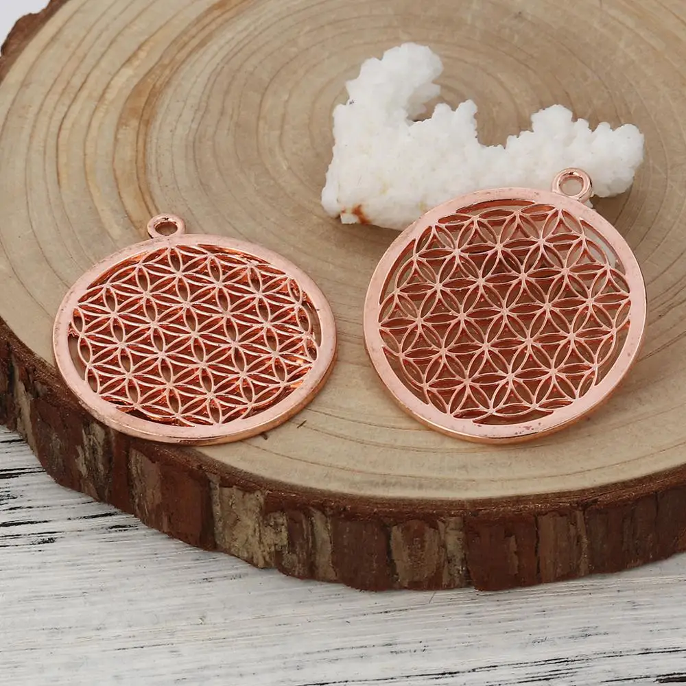 8Seasons Bohemian Flower Of Life Pendants Round Pendants Rose Gold Color Hollow Carved Charms DIY Fashion Jewelry