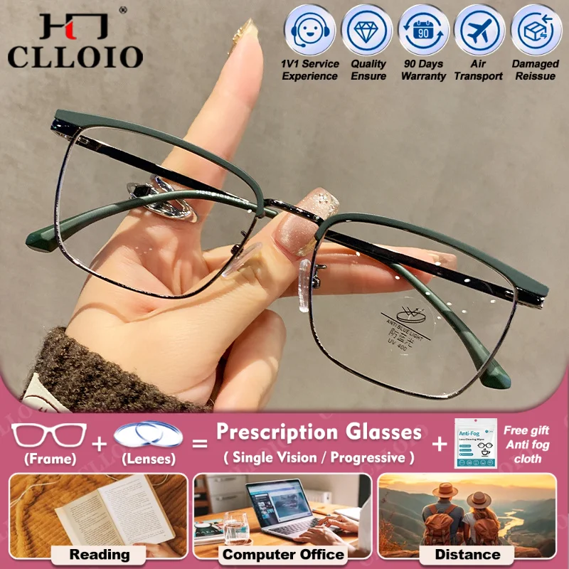 

CLLOIO Women Business Simple Square Frame Myopia Prescription Glasses High Quality Anti Blue Light Progressive Optical Eyeware