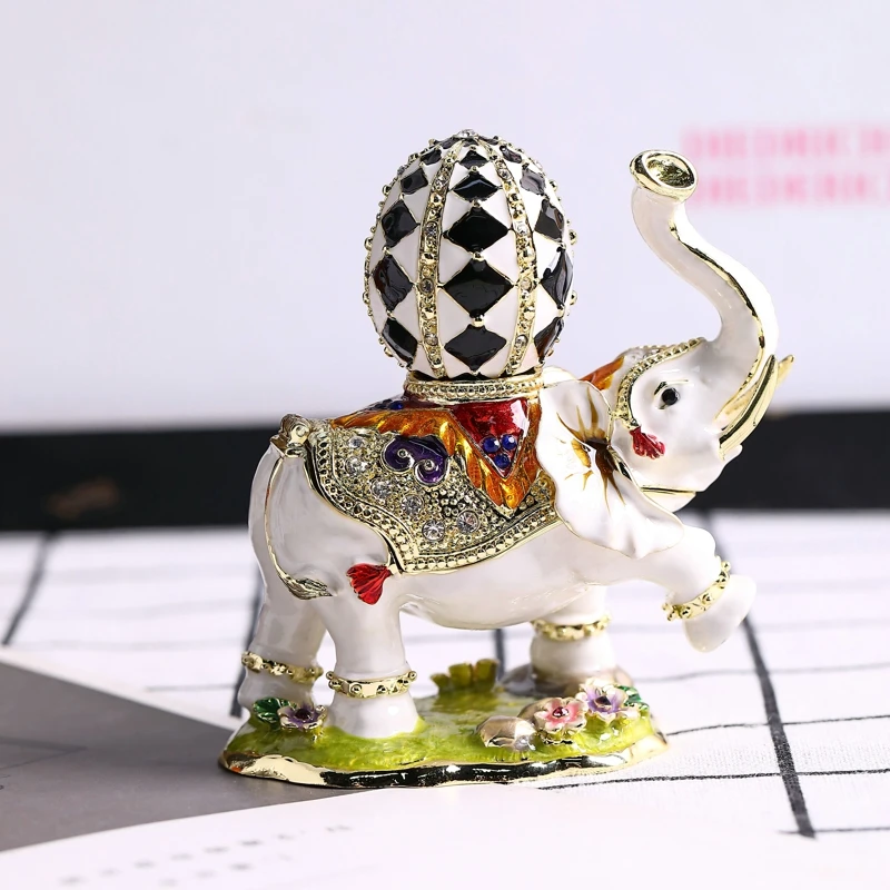 SHINNYGIFTS Cute Elephant Jewelry Enamel Trinket Box with Metal Egg on Back Hand Painted Hinged Animal Figurine forHome Decor