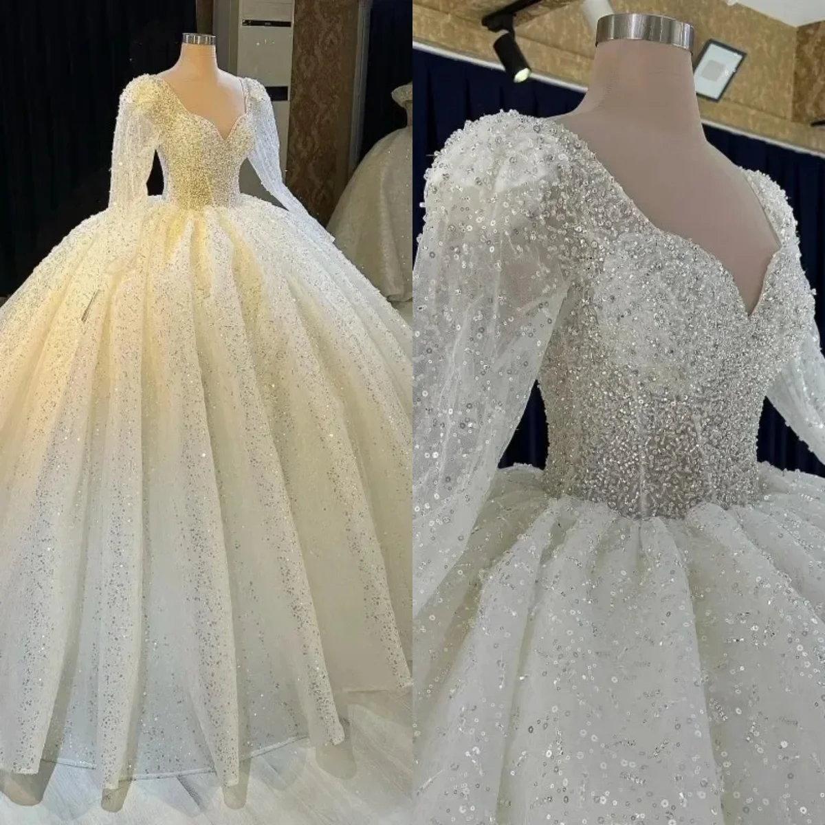 

2026 White Ball Gown Princess Wedding Dresses Sweetheart Neck Long Sleeves Vestido De Novia Lace Sequined Luxury Robe De Mariee