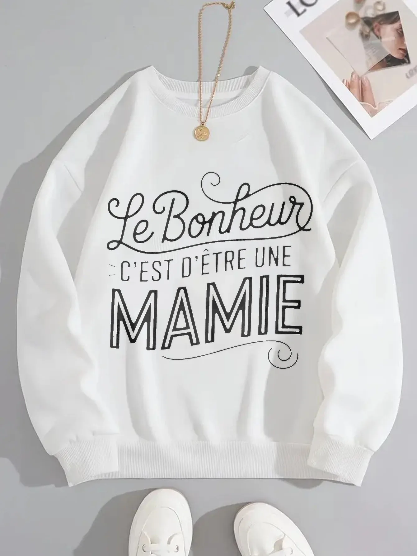 

Happiness Is Being A Grandmother | French Print Design, Casual Round Neck Long Sleeve Women's Sweatshirt, Crew Neck, Regular
