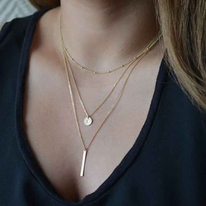 Copper Bead Chain Sequins Metal Strip Three Layer Necklace Creative Layered Alloy Collarbone Chain for Women