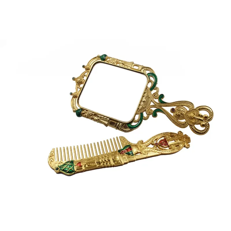 Tower Pattern Tourist Souvenirs Vintage Antique Round Bronze Embellished Mini Hand Mirror and Comb Set