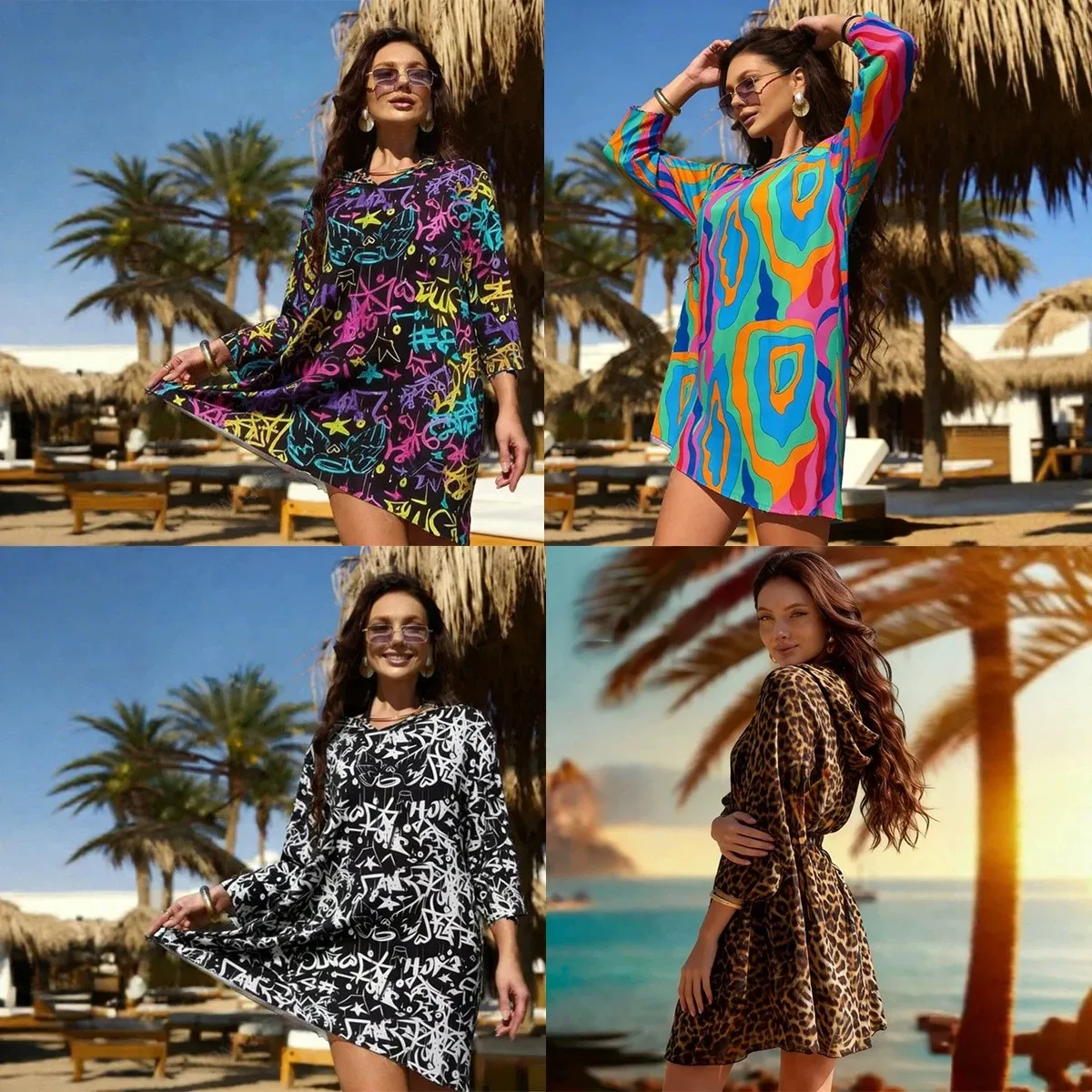 

Sun Protection Mesh 3/4 Sleeve Beach Sheer Long Sleeve V Neck Swim Tropical Leaf Print Hooded A Line