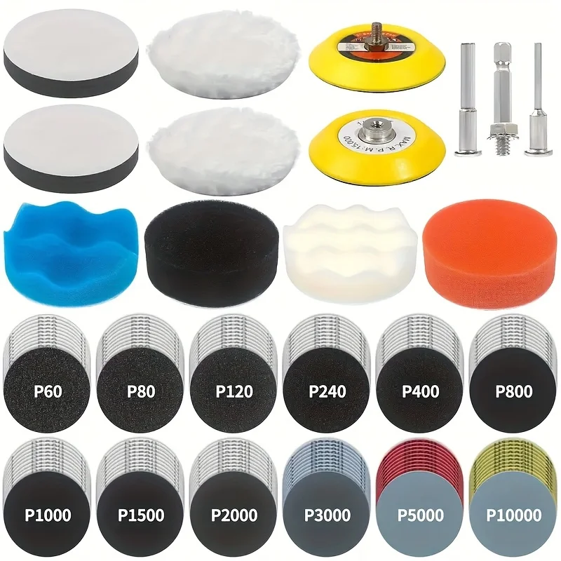 

133 Pcs 3 Inch Wet and Dry Sandpaper Kit Headlight Restoration Kit Hook Loop Buffing Pads with Rotary Tools for Car Wood Metal
