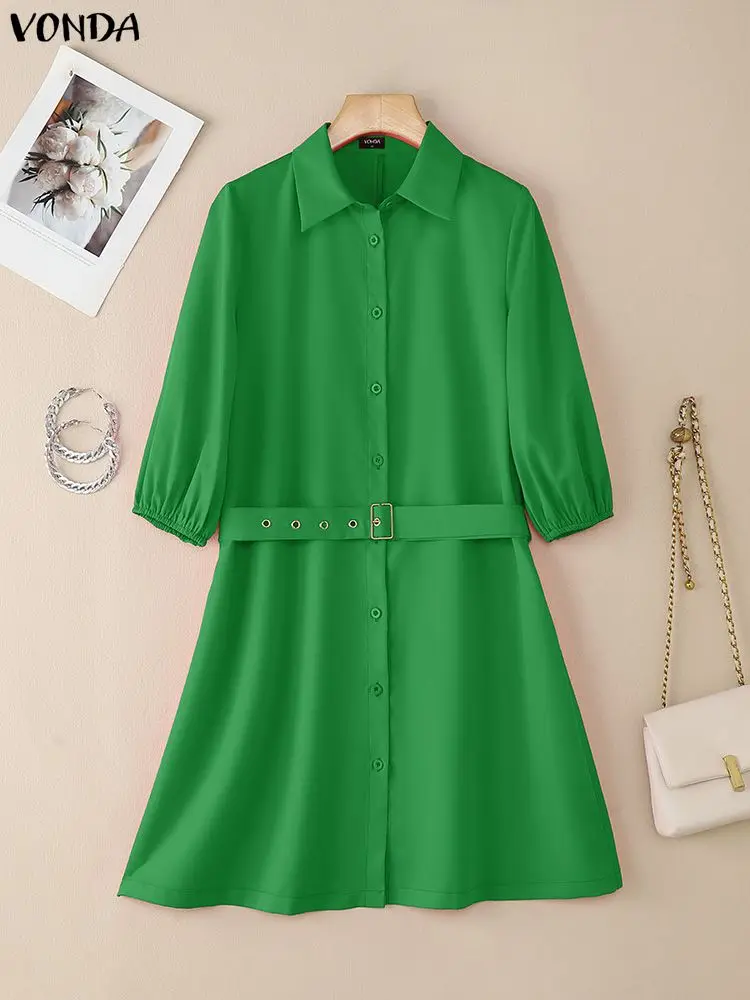 Vonda outono moda vestido feminino 3/4 manga mini vestido de verão com cinto 2025 lapela casual camisa sólida vestidos solto elegante festa robe