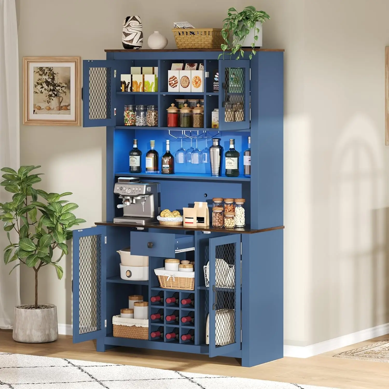 70.9 Farmhouse Pantry Cabinet LED Power Outlets Wine Rack Glass Drawer Adjustable Shelves Dining Coffee Bar Custom
