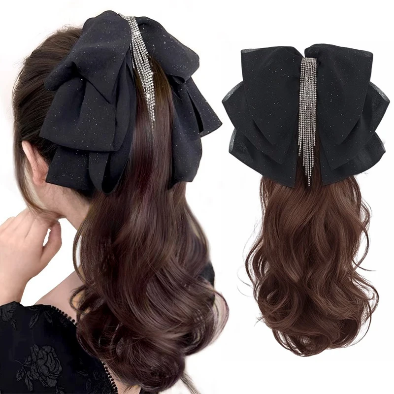 

Short Wave Clip on Ponytail Extension Tassel Bow Claw Fake Tail Synthetic Heat Resistant Hairpiece Water Wavy Ponytail for Women