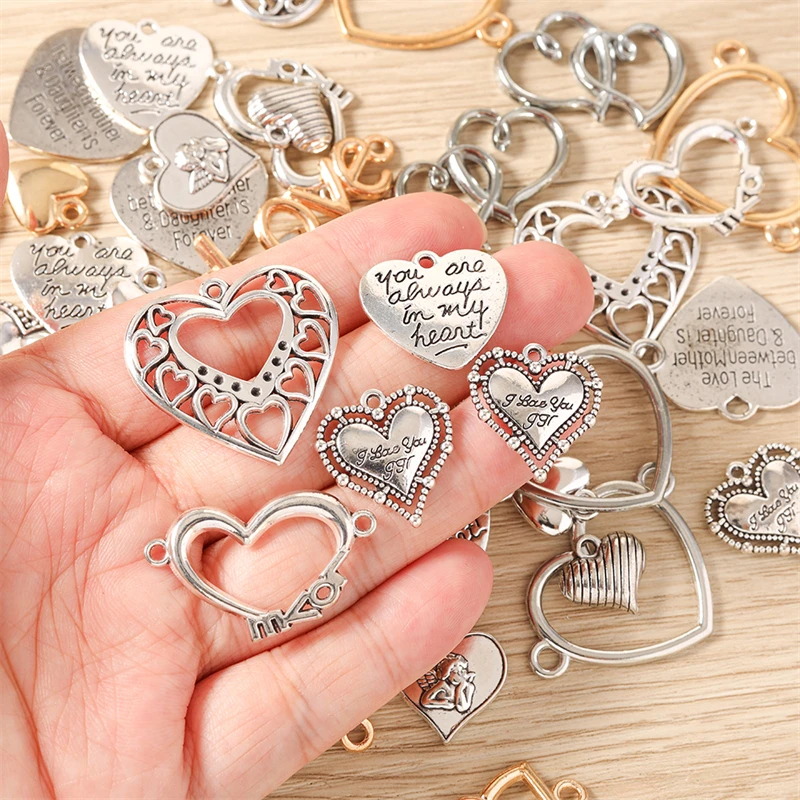 10 Stück niedliche, gemischte Herzanhänger aus Legierung zum Basteln von Halsketten, Ohrringen, Armbändern, DIY-Handarbeiten und Schmuckzubehör – Detail 1