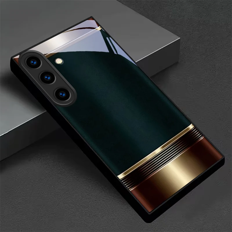 Noble Retro Metal Frame Black Glass Phone Case For For Samsung Galaxy S26 S25 S26Ultra S25 Edge S24 FE S23 S22 S21 20 Plus Cover