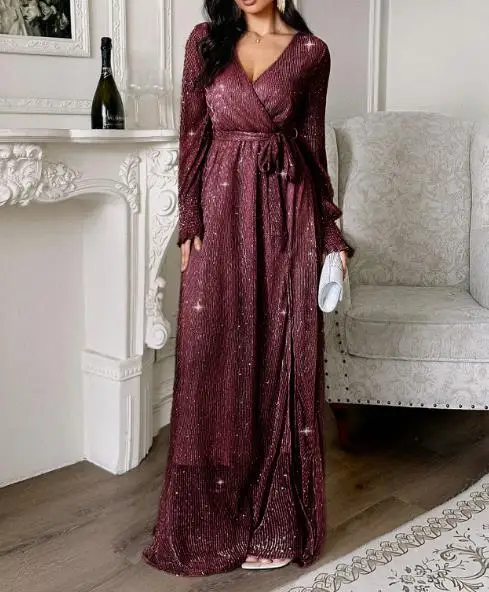 موضة جديدة مثيرة أنيقة عطلة بأكمام طويلة الخصر تعادل تنورة طويلة فستان للنساء خريف 2025