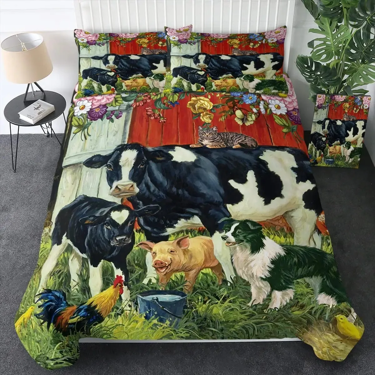 

Farmer Cow Print Duvet Cover Set Oil Painting Cow Bedding Set Vintage Animals Dog Pig Chicken Printed Comforter Cover Full Size