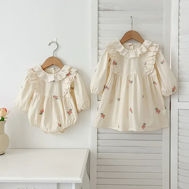 2025 Autumn New Baby Girl Lace Collar Embroidery Dress Long Sleeve Infant Romper Matching Sister Outfits for Toddler 0-24 Months