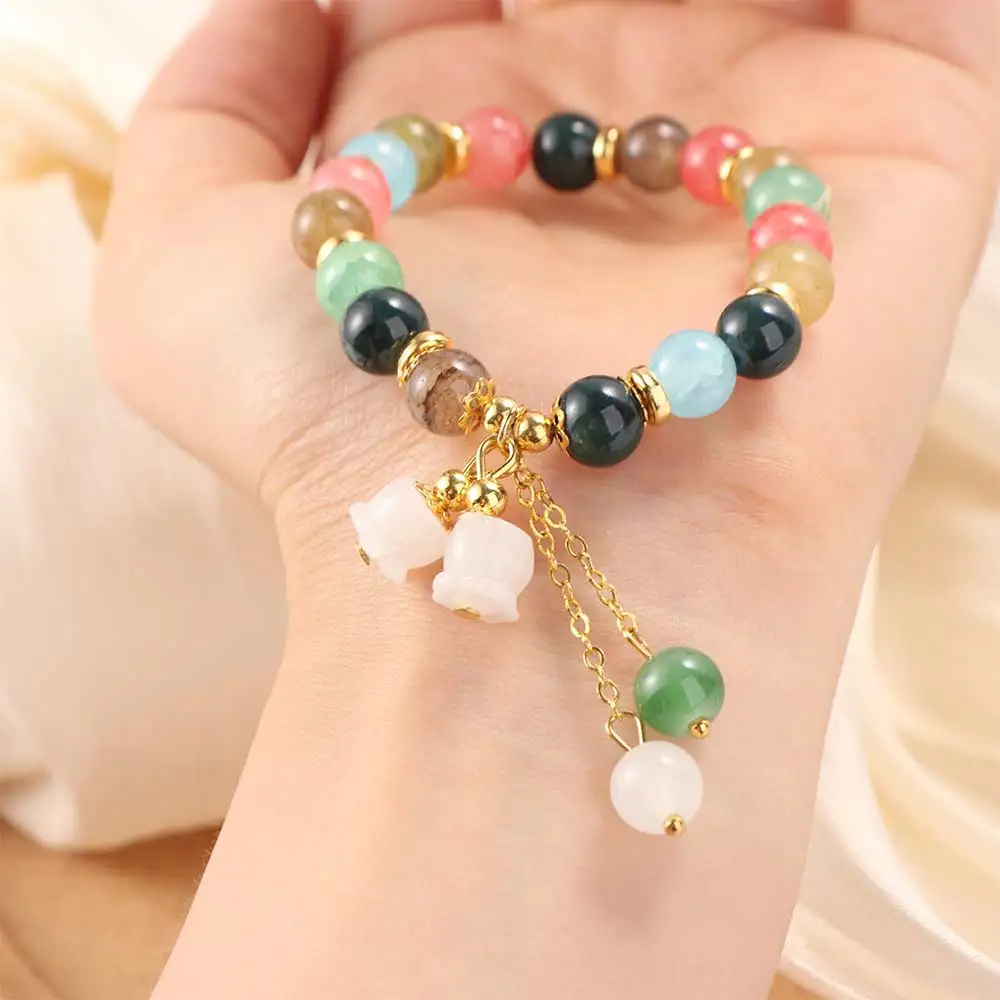 Tassel Colorful Beads Bracelet Elastic Rope Crystal Orchid Flower Bracelet Sweet Chinese Style Women Bangle Hand String Jewelry