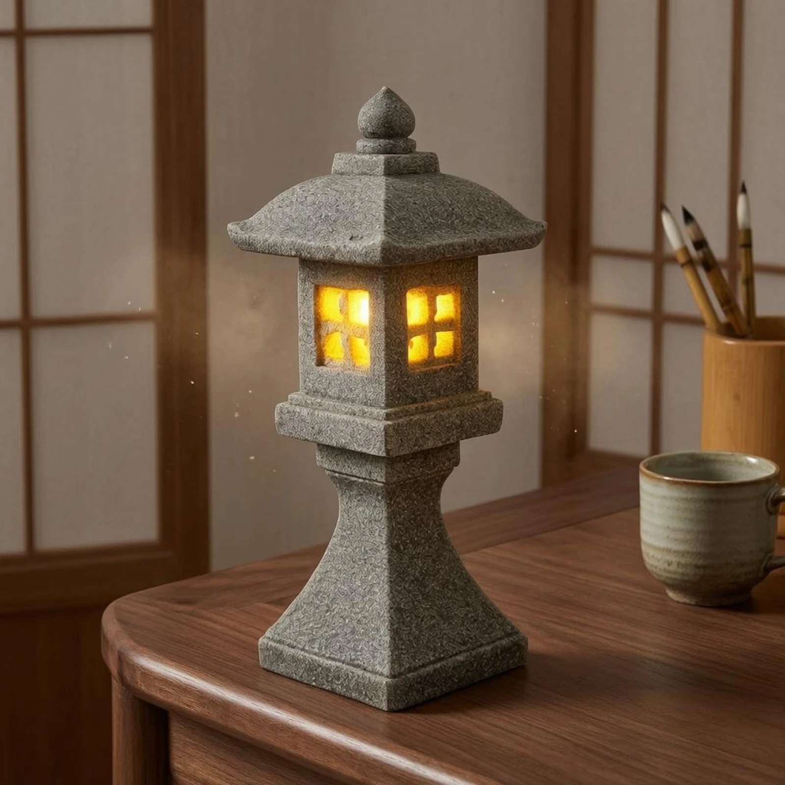 Mini Stone Lantern Glowing Openings Chinese Stone Lantern Micro Landscape Decor Pointed Roof Mini Pagoda Ornament Gray