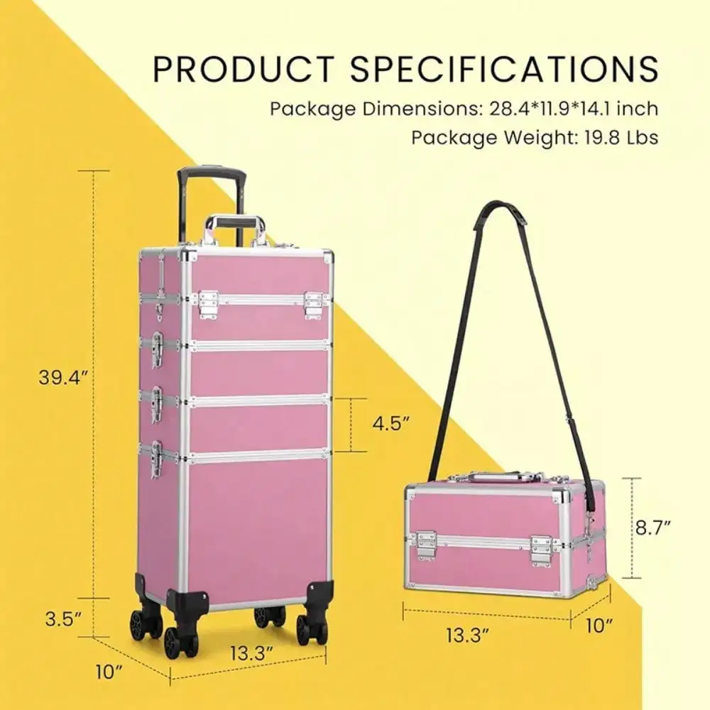 4in1 Makeup Rolling Train Case Aluminum Trolley Cosmetic Organizer Box w/ Straps