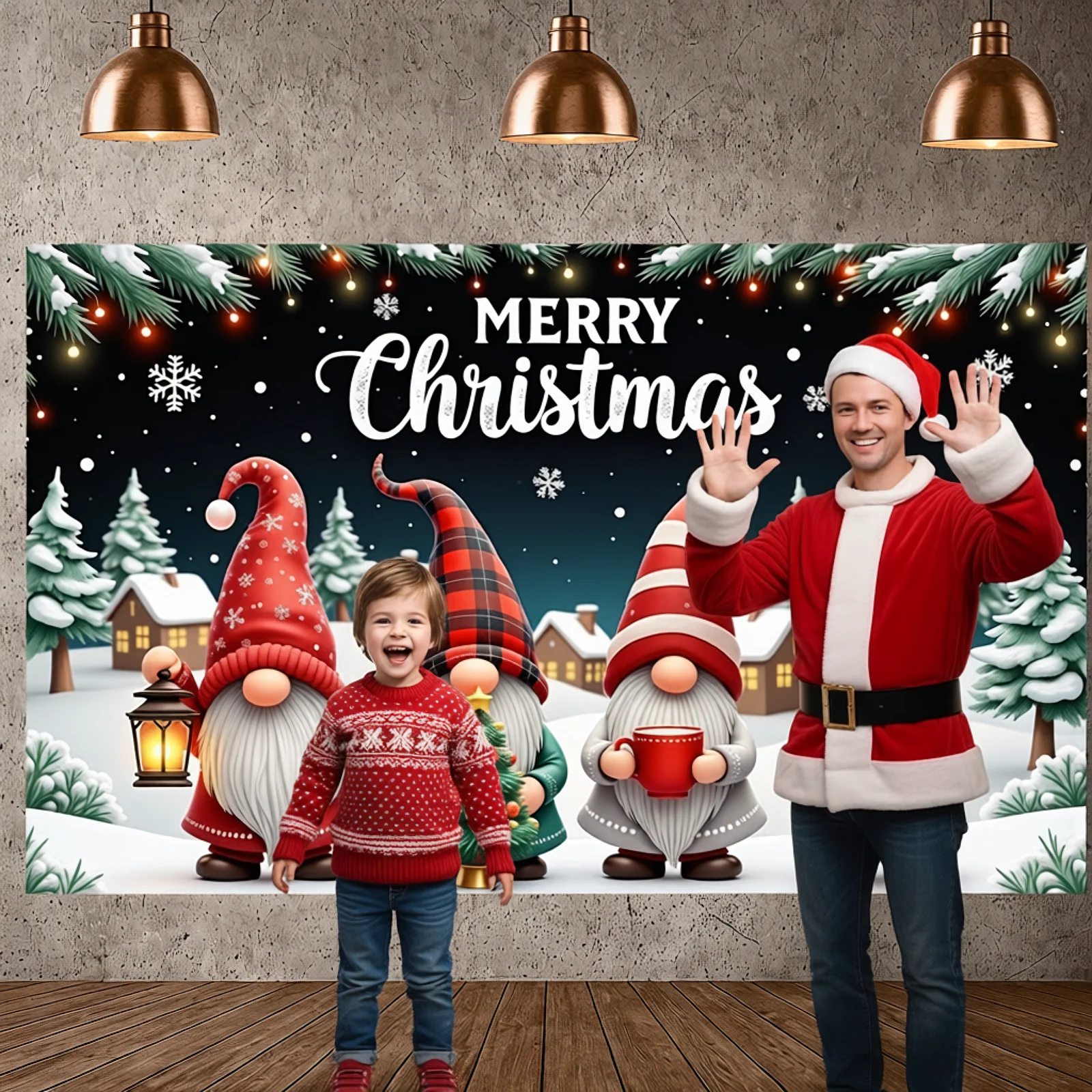 Xmas Celebration Background Red Green Xmas Display Winter Scene Display Christmas Tree Christmas Gnome Backdrop For Christmas
