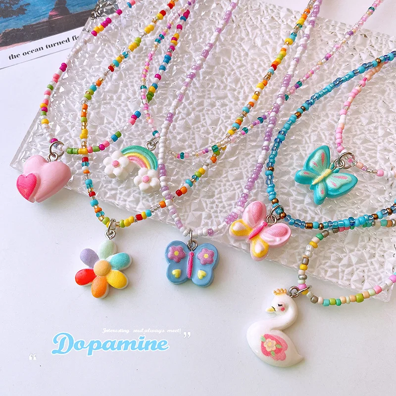 Korean Colorful Beads Necklace Cartoon Butterfly Heart Pendant Adjustable Kids Jewelry Non-Toxic Girls Dopamine Accessory Gift