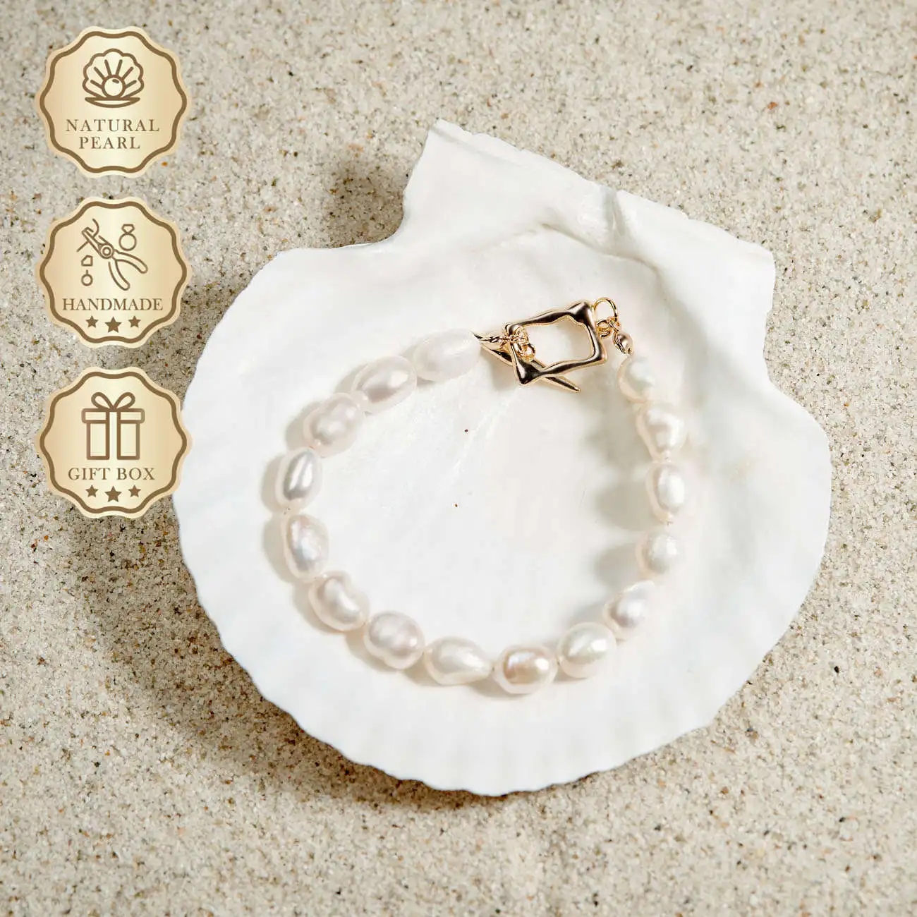 

MYSOYA White Baroque Freshwater Pearl Bracelet 8–9mm with Gold Square Clasp, Gift Box, Ideal Birthday Gift & Anniversary Gift