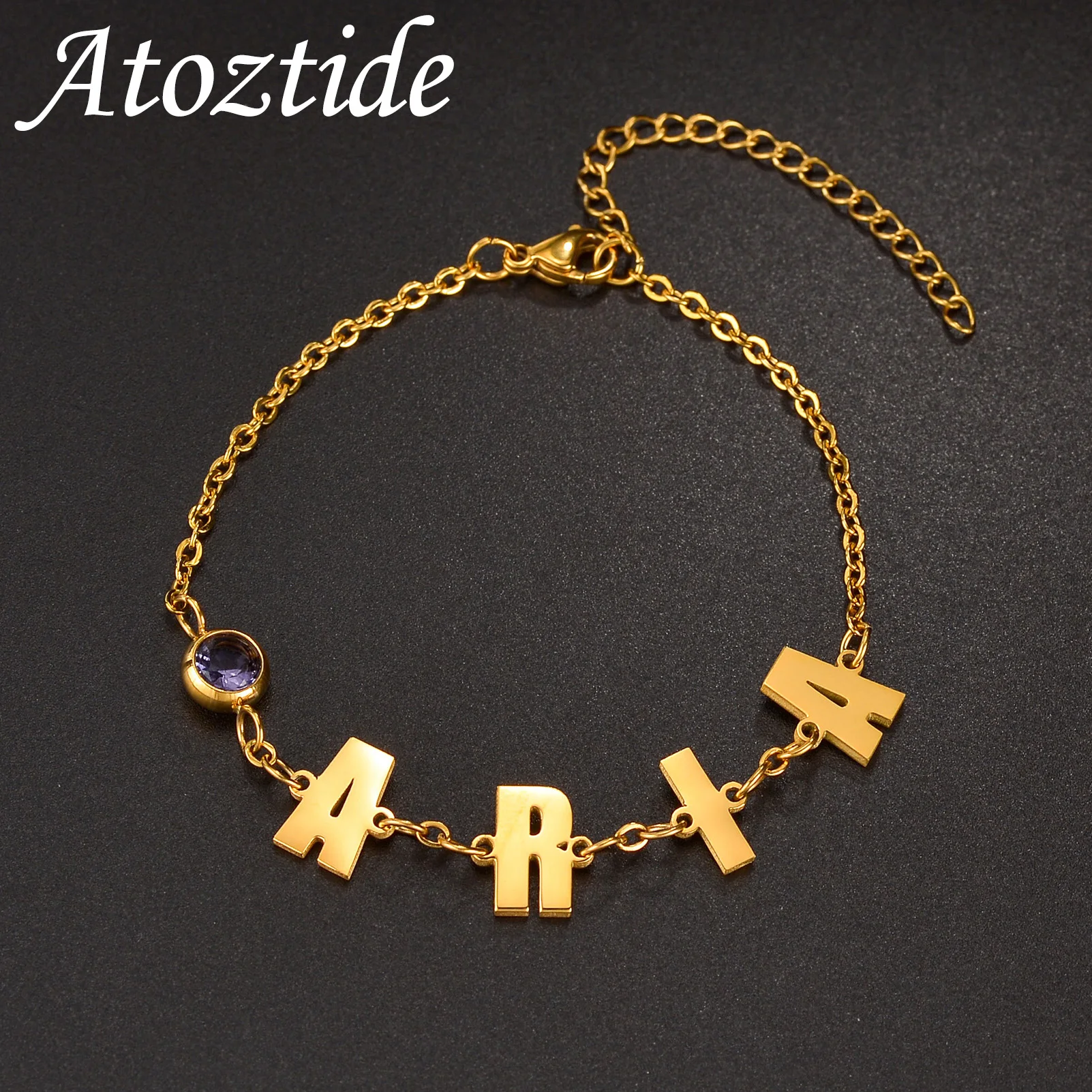 

Atoztide Custom Name Bracelet for Women Kids with Birthston Stainless Steel Jewelry Nameplate Link Chain Personalized Gift
