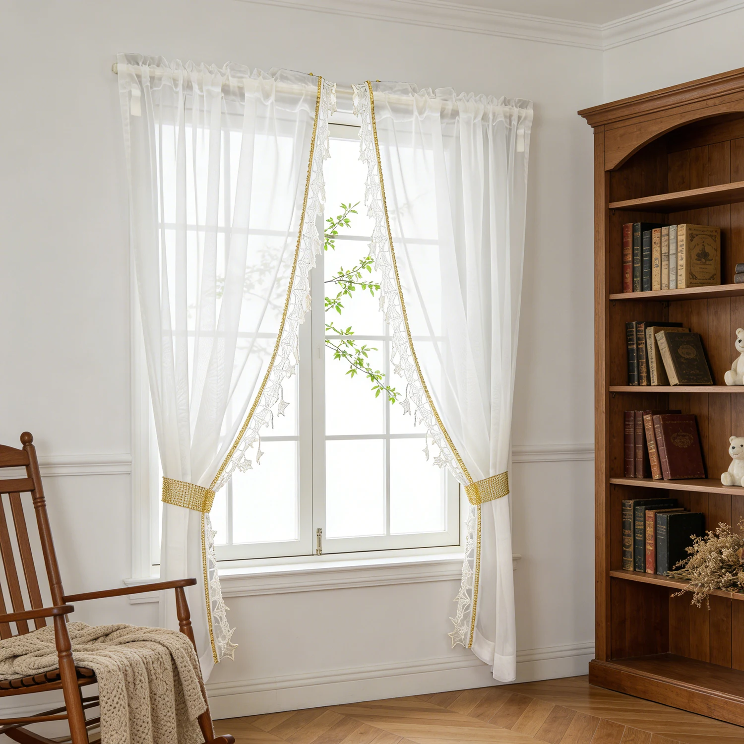 2PCS Modern Transparent Shinning Side Lace Sheer Curtain for Living Room Gauze Window Drape Cafe Study Blinds #E