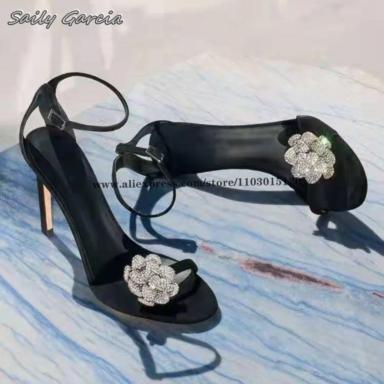 

Black Flower Crystal Buckle Strap Stiletto High Heels Leathe Luxury Sexy Party Shoes Open Toe One Word Belt High Heels