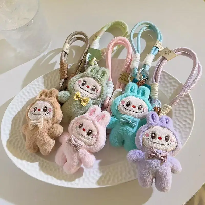 Kawaii Labubu Doll Pendant Mobile Phone Hanging Rope With Clip Weaving Wristband Short Handheld Pendant Backpack Charms Gifts