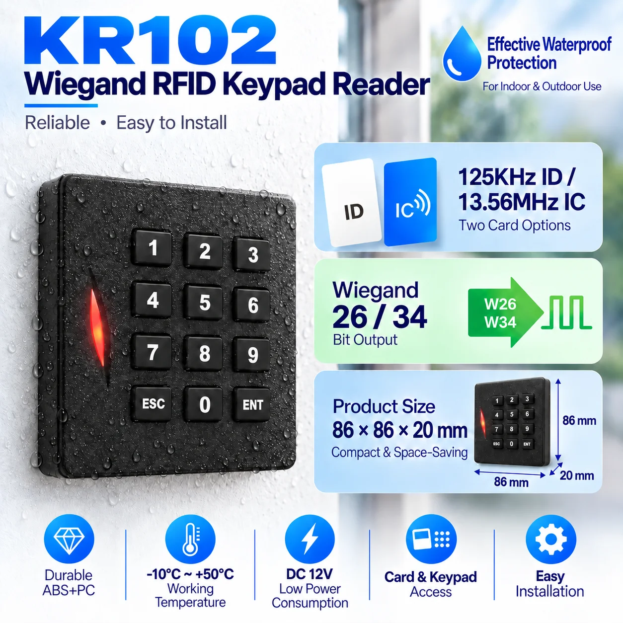 ZK KR102E KR102M Impermeabile Wiegand 26 34 Tastiera RFID 125Khz 13,56mhz Lettore di schede slave per controllo accessi-image