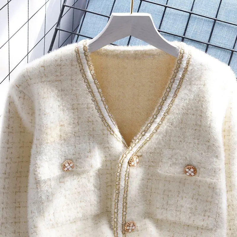 Vintage V-neck Knitting Cardigan Coat Women Autumn Winter Simplicity Office Lady Sweater Temperament All-match Knitwear Tops