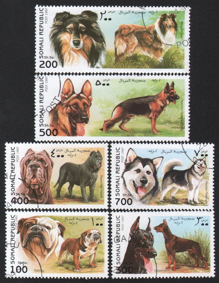 6Pcs/Set Sahara Post Stamps 1997 Pet Dogs  Marked Postage Stamps for Collecting