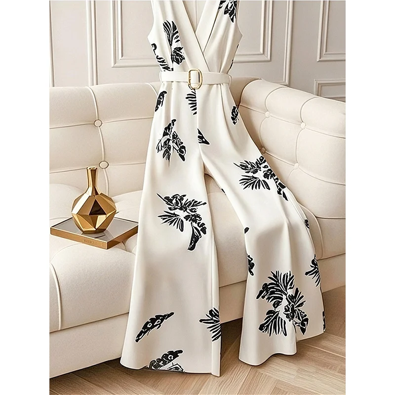 สุภาพสตรีอารมณ์คอวีกางเกงจั๊มสูทเสื้อผ้าผู้หญิงฤดูร้อน 2025 ใหม่แฟชั่นการพิมพ์รัดตัวบางแขนกุดกางเกงขากว้าง