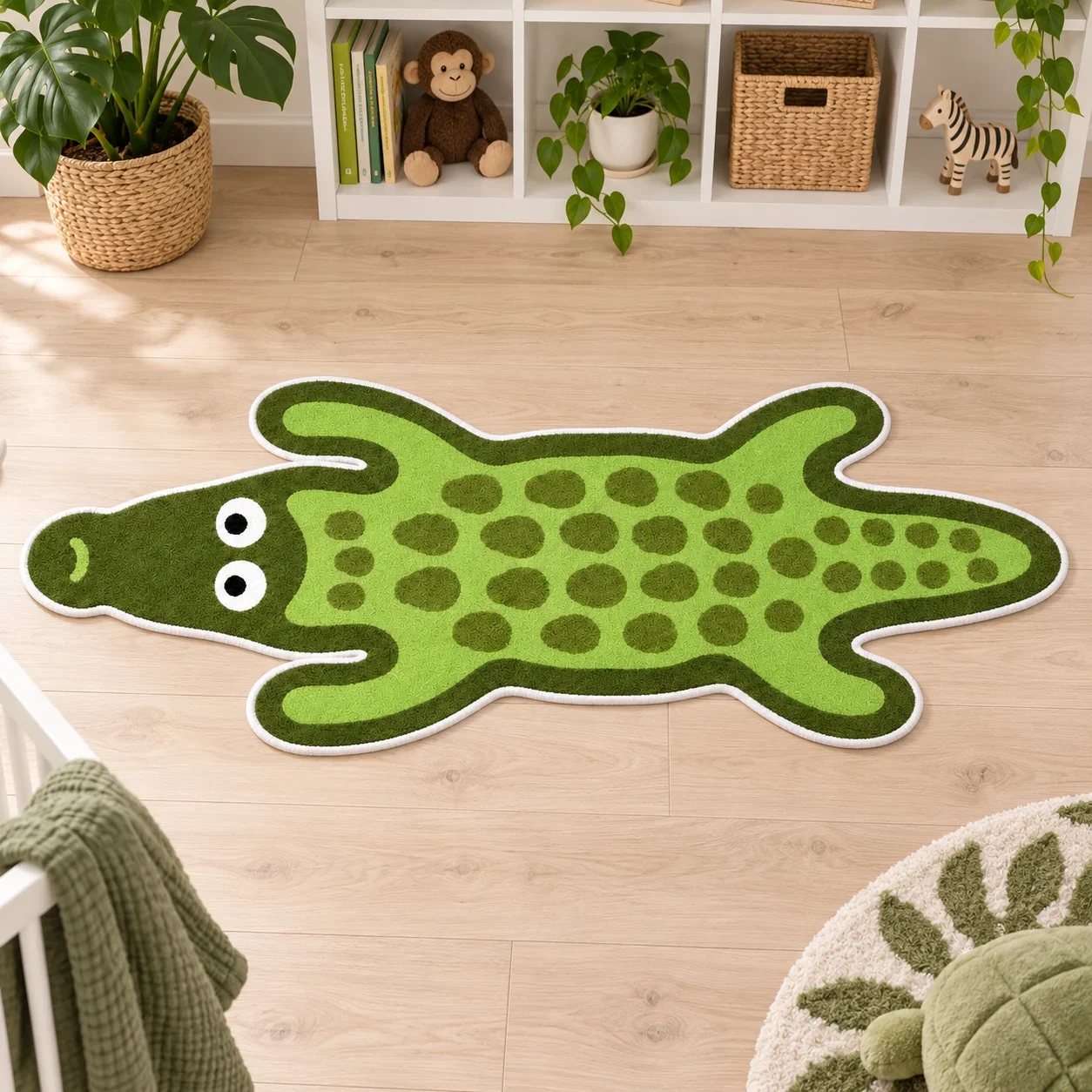 Funny Green Crocodile Shaped Area Rug, Pet Mat Cartoon Animal Floor Mat for Entryway Living Room and Jungle Home Decor