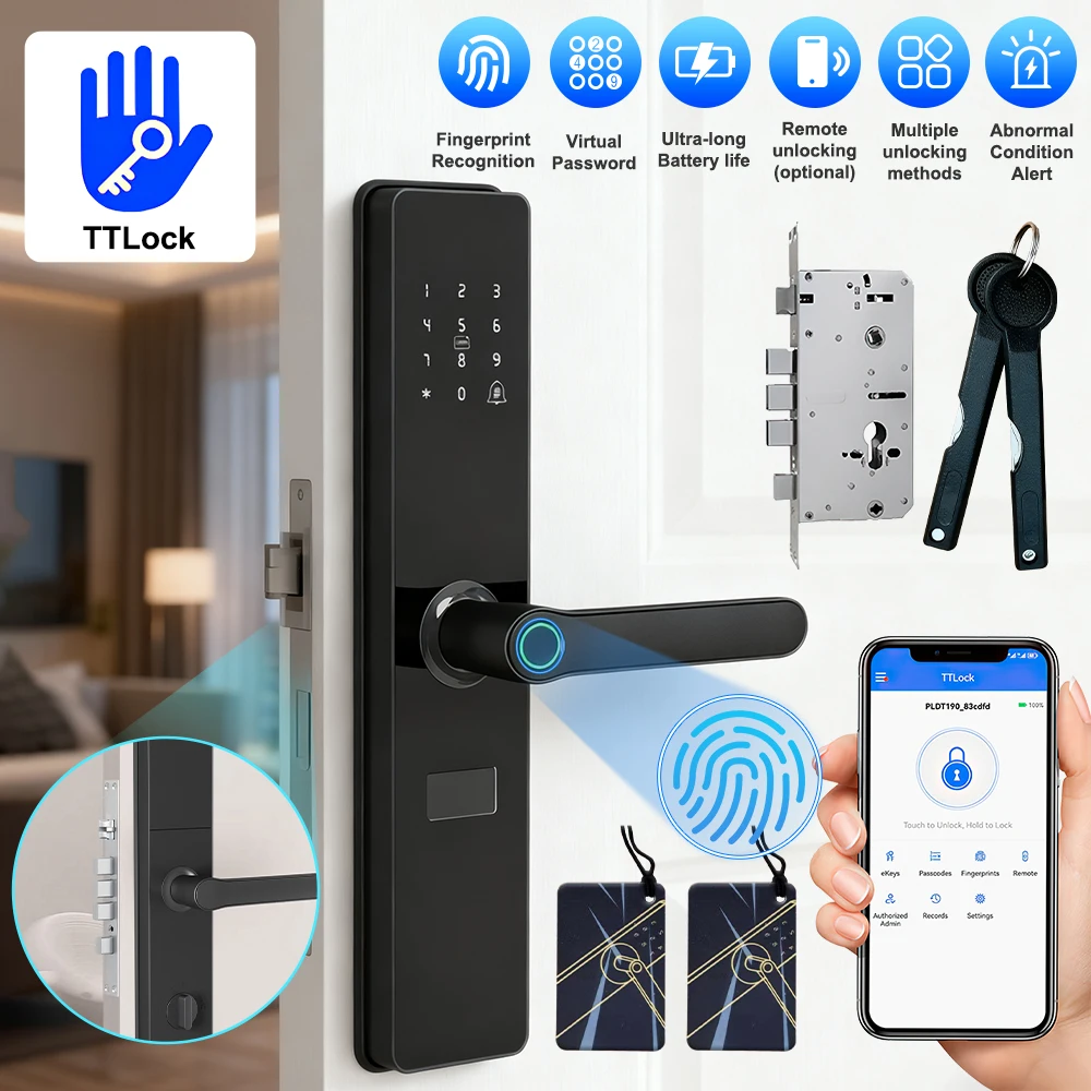 

Умный дверной замок с Bluetooth и функцией распознавания отпечатков пальцев, дистанционное управление через приложение, цифровая сенсорная панель, разблокировка по IC-карте/паролю/ключу