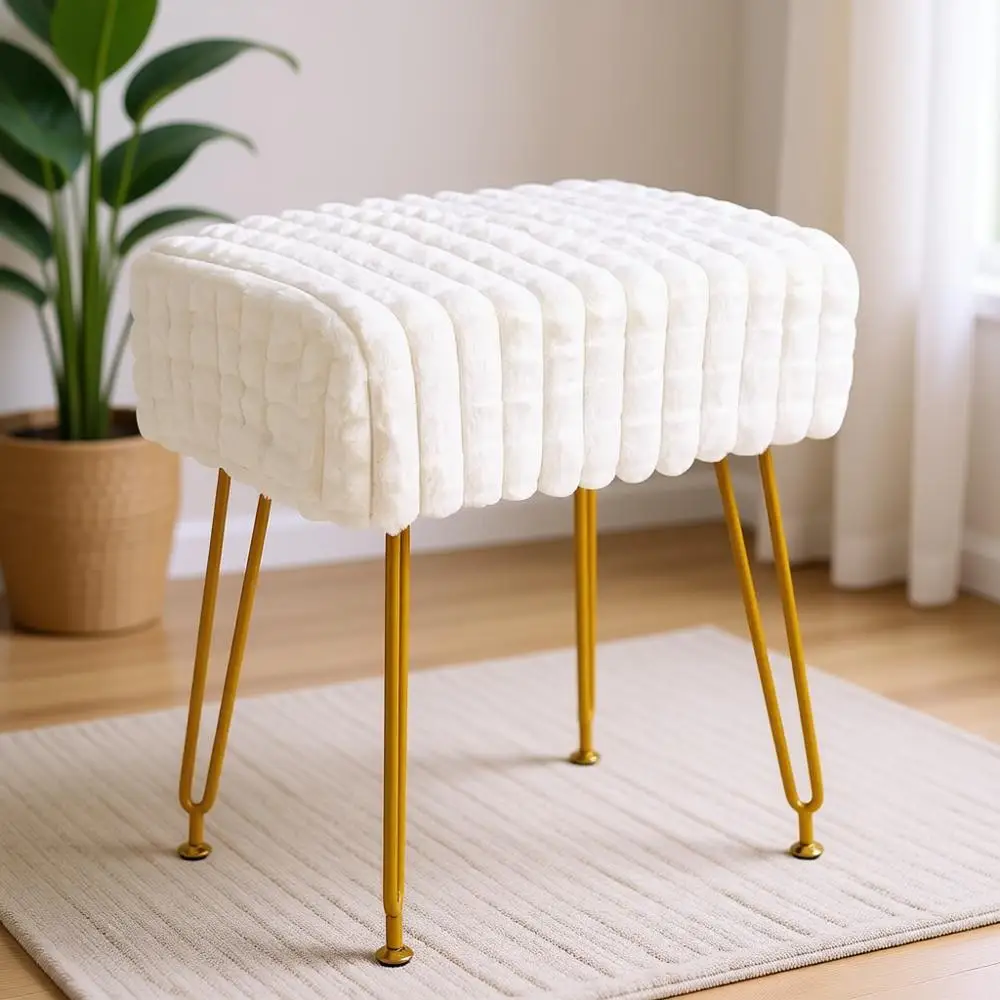 

Бархатный пуф с обивкой и стальными ножками, идеально подходит для туалетного столика и спальни, квадратный дизайн, белый