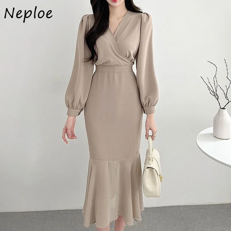 Neploe Spring 2024 French Elegant Cross V-neck Woman Dress Tie Waist Puff Sleeve Mermaid Dresses Mid-length Solid Color Vestidos