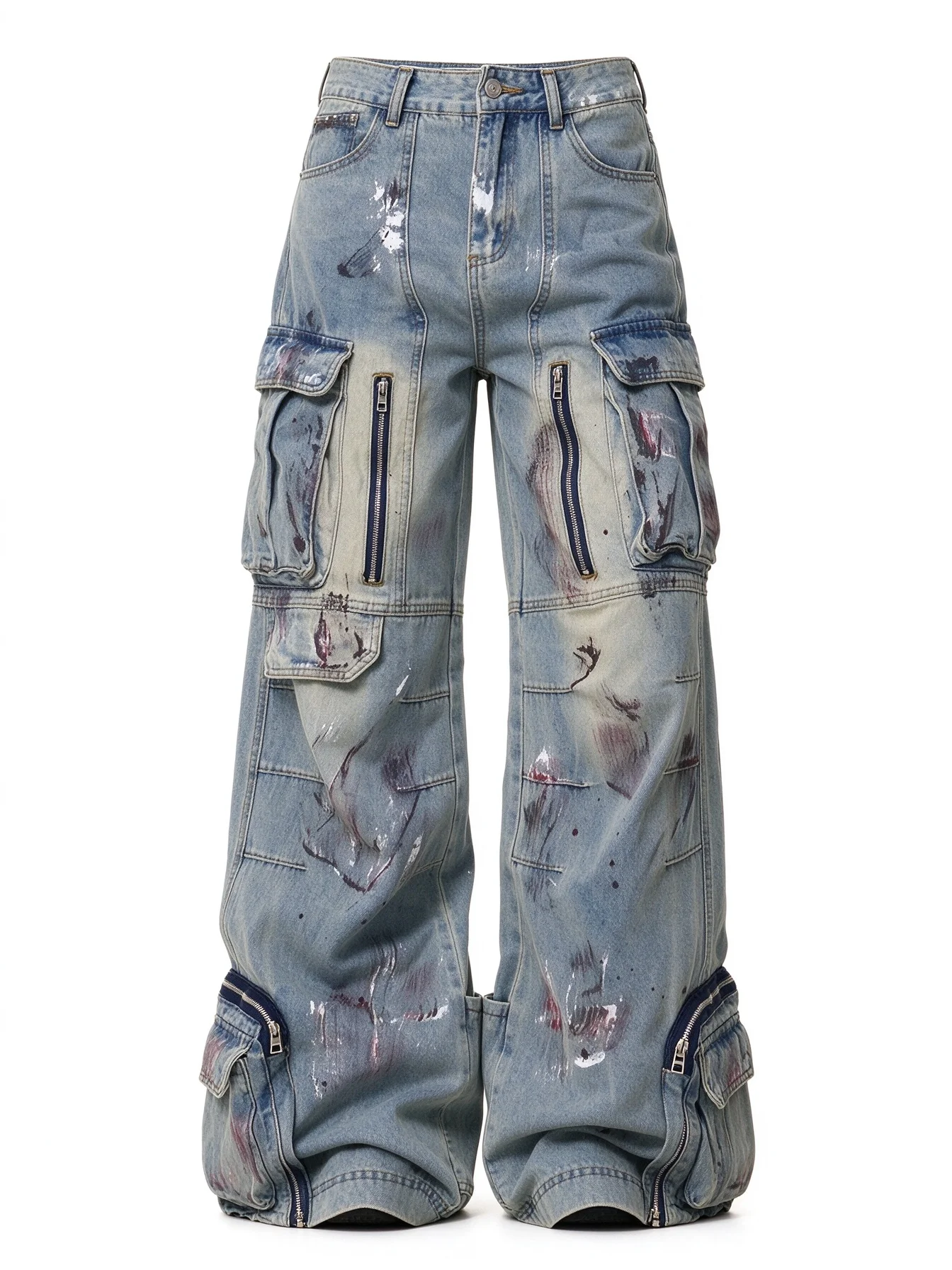 American-style retro graffiti multi-pocket wide-leg denim pants new men's women's street washed straight-leg casual work pants