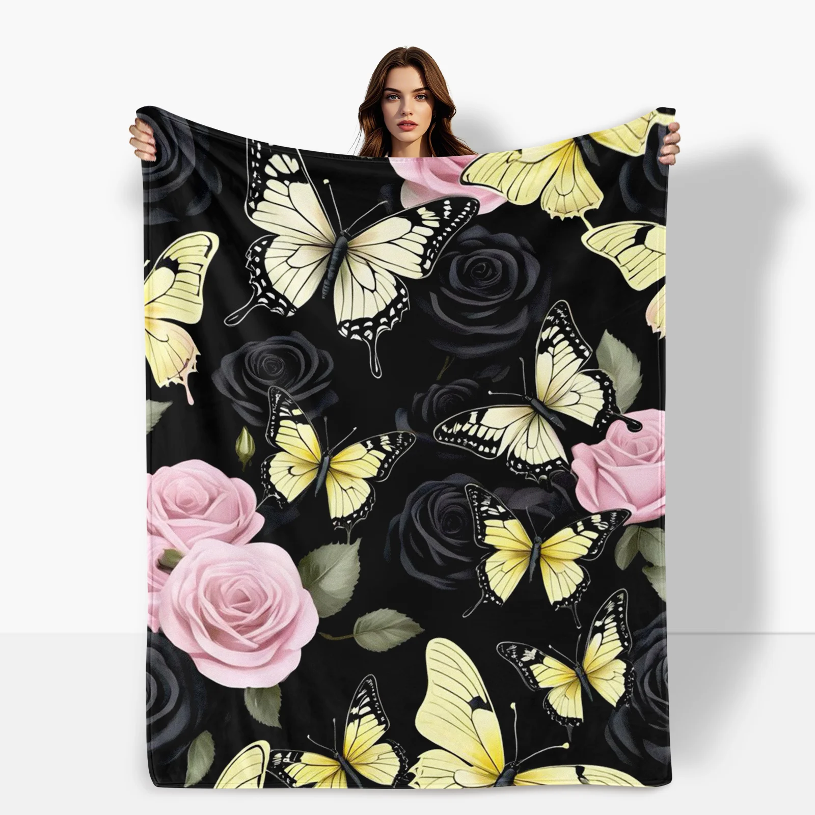 Elegant Butterfly And Rose Pattern Blanket In Black And Yellow For A Sophisticated And Artistic Home Decor Accent Piece