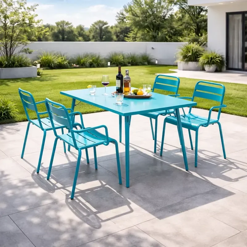 Outdoor Dining Table and Garden Armchair Set for 4 Waterproof and Anti-Rust for Garden, Patio and Restaurant Terrace