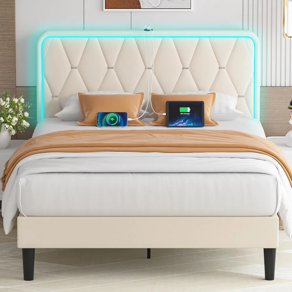 

LED Full Size Bed Frame with Headboard Adjustable Lights, Charging Station, Mattress Foundation with Wooden Slats, Noise Free