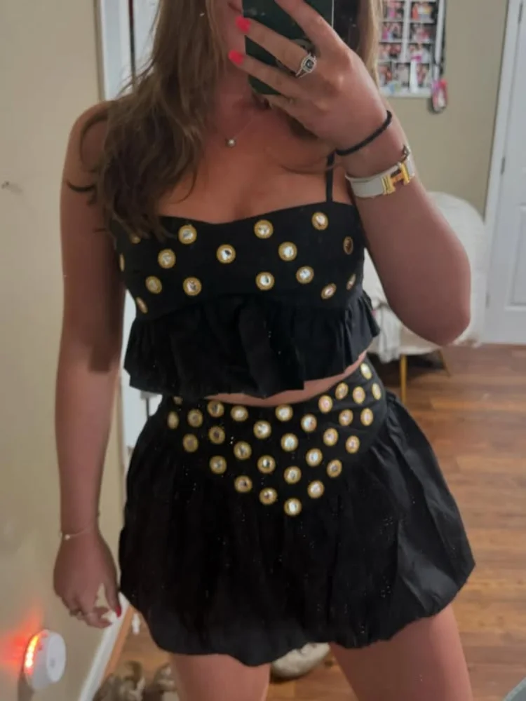 Sexy Sequin Top Skirt Party Set Women Strap Ruffle Solid Slash Neck Crop Tops Mini High Waist Bud Skirts  Fashion Summer Set image 3