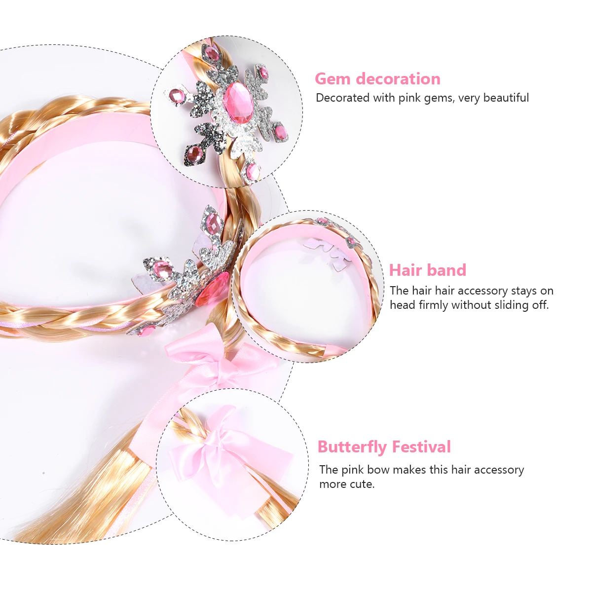 

Princess Crown Hair Accessories Lightweight Kids Headb s Pink Strap Long Hairpiece Cosplay Wigs Braided Girls Dress up Party