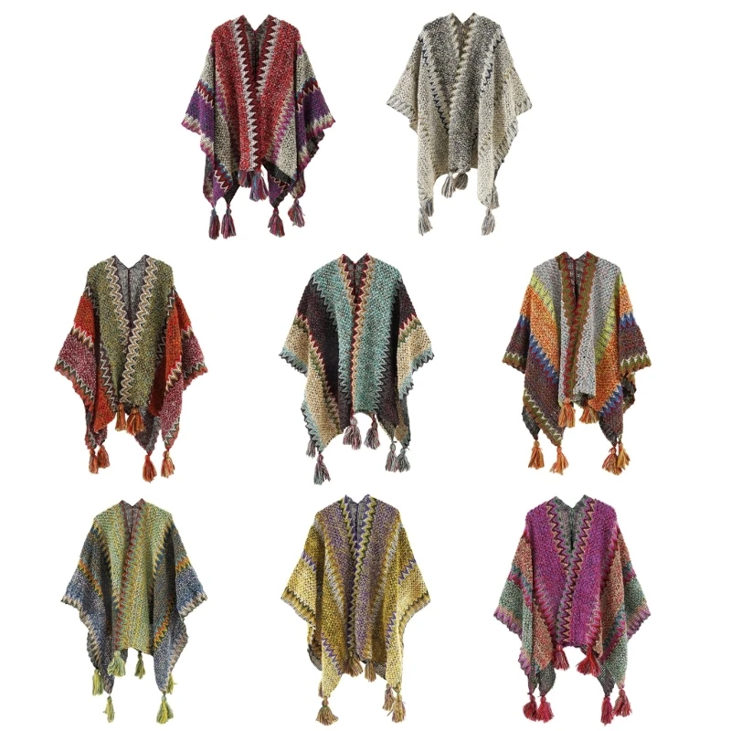 Large Warm Shawl Knitted Wrap Multicolor Tassels Winter Accessory Casual Crop