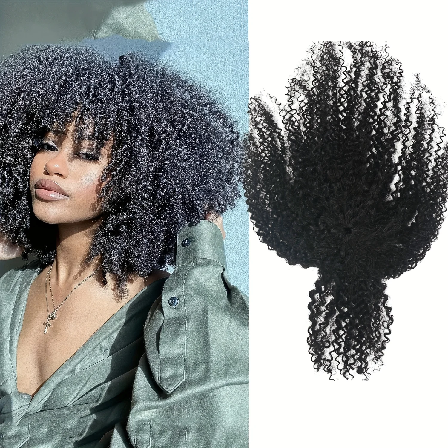 Hair Clip with Bangs-Topper Hair Clip with Bangs Featuring Wispy Styles, 100% Human Hair Afro Kinky Curly Hair Extensions #1B