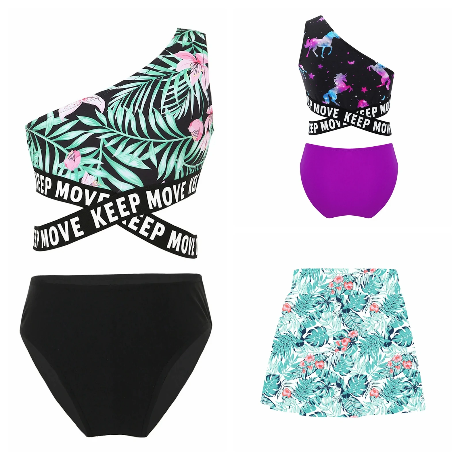 

Детский купальник для девочек: топ на одно плечо с принтом + плавки-юбка для пляжа