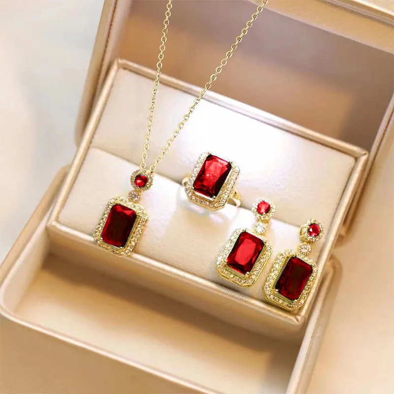 

316L Stainless Steel Microset Red Large Zircon Drop Earrings Necklace Set Vintage Boho Wedding Woman Set